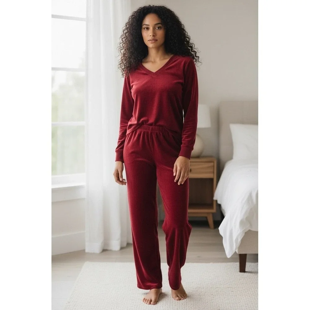 Willow Wear Pajama Set Womens M Red Solid V-Neck Long Sleeve 2-Piece cozycore